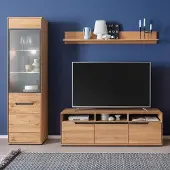 Lomadox Wohnwand in Eiche teilmassiv mit Vitrine, Lowboard & LED-Beleuchtung, 3-teilig - AVESTA-06