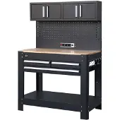 HBM Werkbank 114 cm mit 3 Schubladen, Schrankwand und Rückwand, schwarz