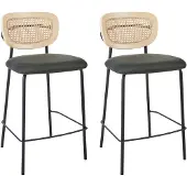 Beliani Set aus 2 Barstühlen Dunkelgrün Polyesterpolsterung Naturrattan Wiener Geflecht Rückenlehne Schwarze Metallbeine Armlose Hocker