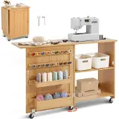 Vevor Klappbarer Nähtisch, multifunktionaler Nähmaschinentisch mit Rollen, Regalen, Ablagefächern, Holzdübeln und magnetischer Tür, Farbe Nähmaschinenholz