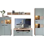 Lomadox Wohnwand FARO-36-REED Modern in Eiche mit Schilfgrün 5-teilig inkl. Beleuchtung