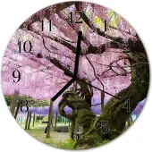 Tulup Glasuhr Wanduhr Küchenuhr Echt-Glas 30fi cm Bäume rosa