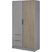 Bettso Eleganter Zweitüriger Kleiderschrank mit 2 Schubladen für Schlafzimmer Nelly 2D Ohne Spiegel und Eiche Artisan Lamellen Fronten / Grau