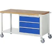 RAU Mobile Werkbank mit Ablageboden - 3 XL Schubladen - Teilauszug - 180:3 - 880 x 1.500 x 700 mm (HxBxT) - Traglast 450 kg - Buche