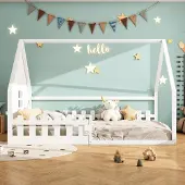 Sweiko Flachbett, 140x200 cm, Kinderbett, Hausleiste, Geländer, Kiefernholz, Weiß