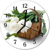 Tulup Glasuhr Wanduhr Küchenuhr Echt-Glas 30fi cm Korb Tulpen braun