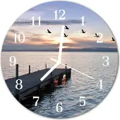 Tulup Glasuhr Wanduhr Küchenuhr Echt-Glas 30fi cm See Vögel blau