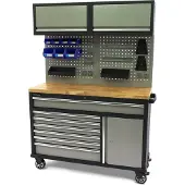HBM fahrbare Werkbank 136 cm mit 7 Schubladen, Tür und Schrankwand, inklusive Zubehör, grau