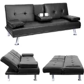 Mendler 3er-Sofa MCW-F60, Couch Schlafsofa Gästebett, Tassenhalter verstellbar 97x166cm Kunstleder, schwarz