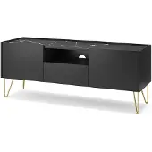 Bettso Harmony TV Schrank Graphit Schwarz mit Goldbeinen 2 Schränke 1 Schublade Push-to-Open 144x55x37 cm Marmordekor