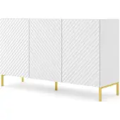 Homlando Kommode SURF 3D 150 cm WEIß MATT Sideboard 3 Türen mit gefräster fronten MDF Highboard Schrank Büfett BEINE GOLDEN