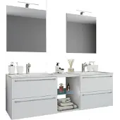 VCM 3-tlg. Set | 2 Waschtisch, 2 Spiegel, 2 Waschbecken, 1 Mittelfach | Keramik Waschbecken | Unterschrank 155 cm | Badmöbel Set Doppel Waschplatz - Badinos XXL