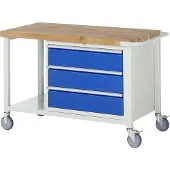 RAU Mobile Werkbank mit Ablageboden - 3 XL Schubladen - Teilauszug - 180:3 - 880 x 1.250 x 700 mm (HxBxT) - Traglast 450 kg - Buche