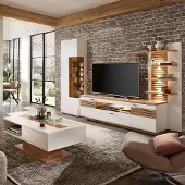 Lomadox Wohnwand mit Couchtisch, weiß mit Eiche, FALLON-55, modern, 4-teilig, inkl. Beleuchtung