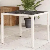 Markenlos Gartentisch Weiß PE-Rattan 90x90x75cm UV-beständig mit Glasplatte