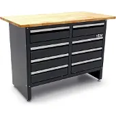 HBM Werkbank 120 cm mit 8 Schubladen, massive Holzarbeitsplatte, schwarz
