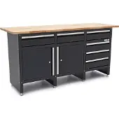 HBM Werkbank 171 cm mit 6 Schubladen und 2 Türen, massive Holzarbeitsplatte, schwarz