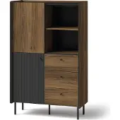 Bettso Kommode Highboard geriffelte mit Schubladen PRESTIGO 140 x 88 cm Schwarz + Nussbaum