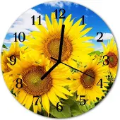 Tulup Glasuhr Wanduhr Küchenuhr Echt-Glas 30fi cm Sonnenblumen gelb