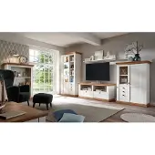 IMV Landhaus Wohnwand 458cm pinie weiß / wotan eiche Anbauwand Vitrine