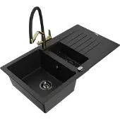 Mexen Matias 1,5-Becken-Granitspüle mit Abtropffläche und Mischbatterie Duo, Schwarz - 6502-77-671701-57-B