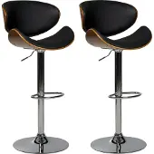 Beliani Barhocker Schwarz und Silber Kunstleder Höhenverstellbar Drehbar mit Hoher Rückenlehne Holzoptik Metallgestell Fußstütze Retro Kücheninsel