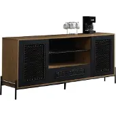 SalesFever Sideboard mit Polyrattan | 2 Türen, 1 Schublade, 2 offene Fächer | MDF natur | Gestell Metall schwarz | B 164 x T 43 x H 76 cm
