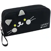 ECarla Großes multifunktionales schwarzes Federmäppchen mit Doppelkammer HAPPY CAT PR12