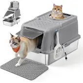 Feandrea Edelstahl Katzenklo, XL, Katzentoilette mit Deckel, mit Schaufel, Bürste und 2 Eingängen, für Katzen bis 15 kg, taubengrau