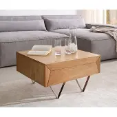 DELIFE Couchtisch Kayu 60x60 cm Akazie Natur 2 Schübe V-Fuß Edelstahl