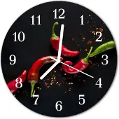 Tulup Glasuhr Wanduhr Küchenuhr Echt-Glas 30fi cm Chilischoten schwarz