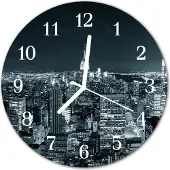 Tulup Glasuhr Wanduhr Küchenuhr Echt-Glas 30fi cm Skyline Nacht schwarz-weiß
