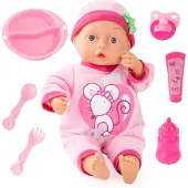 Bayer Design 93363AN Babypuppe 33 cm, spricht 24 Babylaute, mit Schnuller, Flasche und weiterem Zubehör