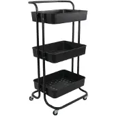Intirilife Rollwagen mit 3 Ebenen in Schwarz - 42 x 37 x 85.5 cm - Servierwagen mit Griff Aufbewahrungswagen für Küche Bad Büro etc.