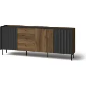 Bettso Breite Kommode geriffelt PRESTIGO 200 cm Schwarz + Nussbaum