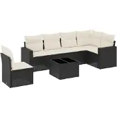 vidaXL 7-tlg. Garten-Sofagarnitur mit Kissen Schwarz Poly Rattan