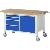 RAU Werkbank Serie 8470, fahrbar, 4 Schubladen, 1 Tür, Breite 1500