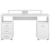 MÖBELPARTNER Schreibtisch Fox | Large | HxBxT 86x150x70cm | 3 Schubladen, 2 offene Fächer, 1 Fach mit Flügeltür & Monitorständer | Weiß