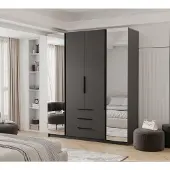 Idohome -Viertüriger Drehtürenschrank VERONA mit Spiegel und Schubladen Moderner stilvoller Loft-Kleiderschrank schwarze
