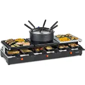 Klarstein Fonduelette XL - 3-in-1 Raclette-Grill & Fondue, 1650 Watt, 3-in-1 Grill: Metall- /Naturstein-/Crêpesplatte, 3 separate Edelstahl-Heizelemente, bis 12 Personen, Antihaftbeschichtung, schwarz