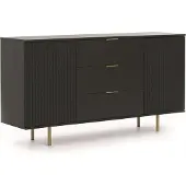 Bettso Zweitürige Kommode mit Schubladen 150cm BIANCO Schwarz auf goldenen Beinen geriffelte Fronten