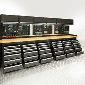 Datona PRO Werkbank – Bambus-Arbeitsplatte – 36 Schubladen – Lochwände – Hängeschränke – 400 cm – Schwarz