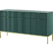 Bettso Groß Geriffelt Kommode 3 Türen und 3 Schubladen Highboard Goldgriffe Glamour NOVA 154 cm Grün auf Goldbeinen