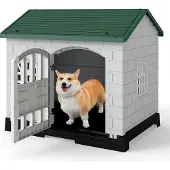 Costway 75x57x68 cm Hundehütte Outdoor, wetterfestes Hundehaus mit Tür, 3 Fenstern, ausnehmbarem Boden&Satteldach, Haustierhaus Hundekäfig Indoor Grün