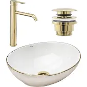 REA Set von Aufsatzwaschbecken Sofia Gold Edge + Waschbeckenarmatur Lungo Gold + Stöpsel Gold