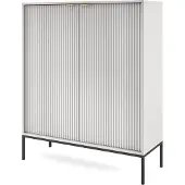 Bettso Hochkommode NOVA – Geriffelte Kommode mit 2 Türen – Goldgriffe – Glamour Grau – Schwarze Metallbeine – 104x125x39 cm