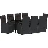 vidaXL Möbel 9-teiliges Garten-Esszimmer-Set mit Kissen - Schwarzes Poly-Rattan - Gartenstühle 3379512