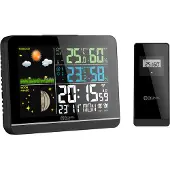 Miraval Funk-Wetterstation mit Farbdisplay Außensensor Schimmelwarner Hygrometer Barometer Datumsanzeige Mondphase Schwarz Frostalarm Wecker