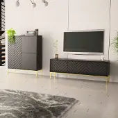 Lomadox Wohnzimmer Set 2-teilig modern in schwarz matt mit gefrästen Fronten ANGERA-140