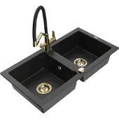 Mexen Mario 2-Becken-Granitspüle mit Mischbatterie Duo, Schwarz/Silbermetallic - 6504-73-671701-57-G